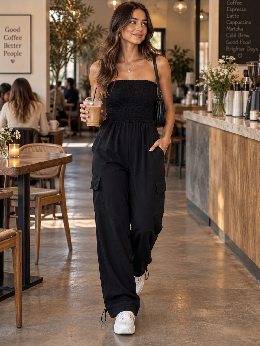 Black Smocked Strap Cargo Jumpsuit - Women's Track Jumpsuit. S